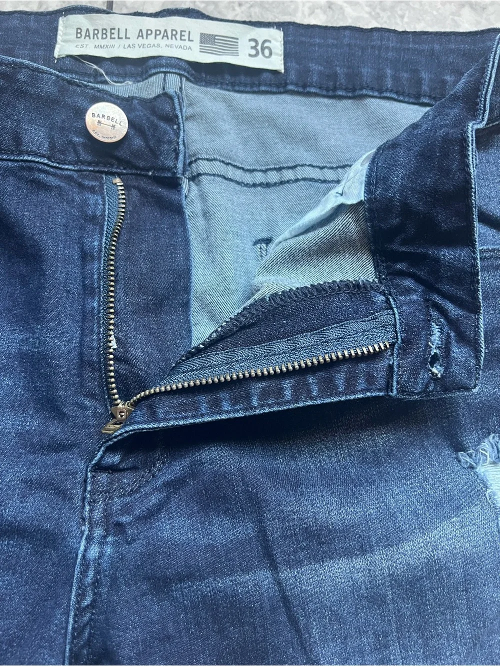Barbell Apparel Mens Jeans Sz 36 Straight Leg Stretch USA MADE Denim Distressed